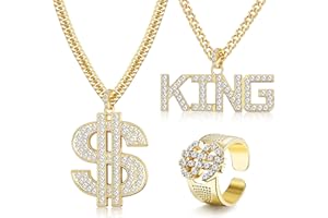 JeweBella Colliers Et Bague Hip Hop Homme Femme Chaîne Plaqué Or avec Pendentif Dollar et King Sign Hip Hop Chaîne Bague Dollar Bijoux Rock Punk Rapper pour Party Carnaval