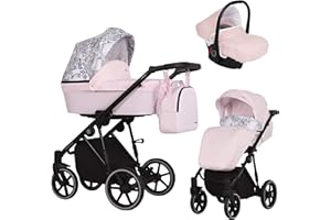 Poussette landau bébé 3 en 1 nacelle siège-auto bébé Kunert Molto 3en1 pousette 3 in 1 (rose + fleurs + châssis en noir, 3en1)