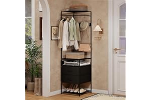 YU YUSING Metal Corner Coat Stand with Shoe Storage, 6-Tier Coat Rack with 10 Hooks 2 Fabric Drawers for Small Space, Freestanding Coat Rail for Hallway, Bedroom, Balck