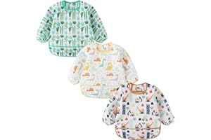 ElecMotive Long Sleeve Bibs 3 Pack Waterproof Sleeved Bib Baby Toddler Soft Bib for 6-30 Months