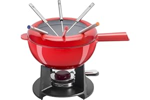 Zwilling 40201-002 Fondue-Set - Cherry Emaille Gusseisenpfanne, Schweizer Fondue-Set für geschmolzenen Käse, 6 Edelstahlgabel