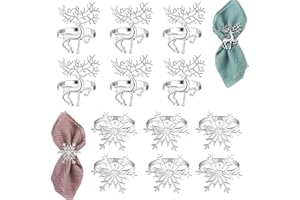 ZEXUPORIUM 12 Pièces Rond de Serviette Noel,6 Pièces Renne Rond de Serviette Noel,6 Pièces Rond de Serviette Flocon de Neige, pour Noel Decoration Table, Fête, Mariage, Thanksgiving (Argent)