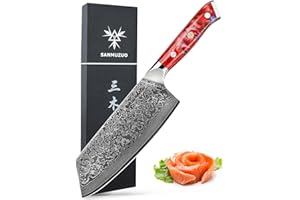 SANMUZUO Damas Couteau Nakiri avec Lame 19 cm Professionnel Couteaux de Cuisine en VG-10 67 Couche Damas Acier avec Poignée en Résine(Rouge Coucher de Soleil) - Xuan Série