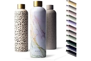 MAMEIDO Botella termica 1 litro, Botella agua acero inoxidable antigoteo, Botella agua termica sin BPA, Botella termo para bebidas frías y calientes (Pearl Marble Gold)