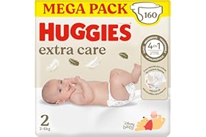 Huggies Extra Care Pañales para Recién Nacido con diseños Disney Talla 2 (3-6 kg) 160 pañales, con almohadillas suaves y 2 zonas absorbentes