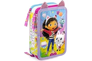 CLONDO La Casa delle Bambole di Gabby Astuccio Triplo Riempito 3D Bambina, 45 Accessori Scuola, 3 Zip, Scomparti Organizzati, Pastelli, Pennarelli, Colla, Forbici