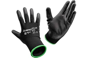 ASPRO Arbeitshandschuhe 10 Paar Größe 10 (XL)- Gartenhandschuhe-Schwarze Nylon-Handschuhe mit PU-Beschichtung für Bauarbeiter, Gärtner, Mechaniker, Bauarbeiter, Lagerarbeiter etc.