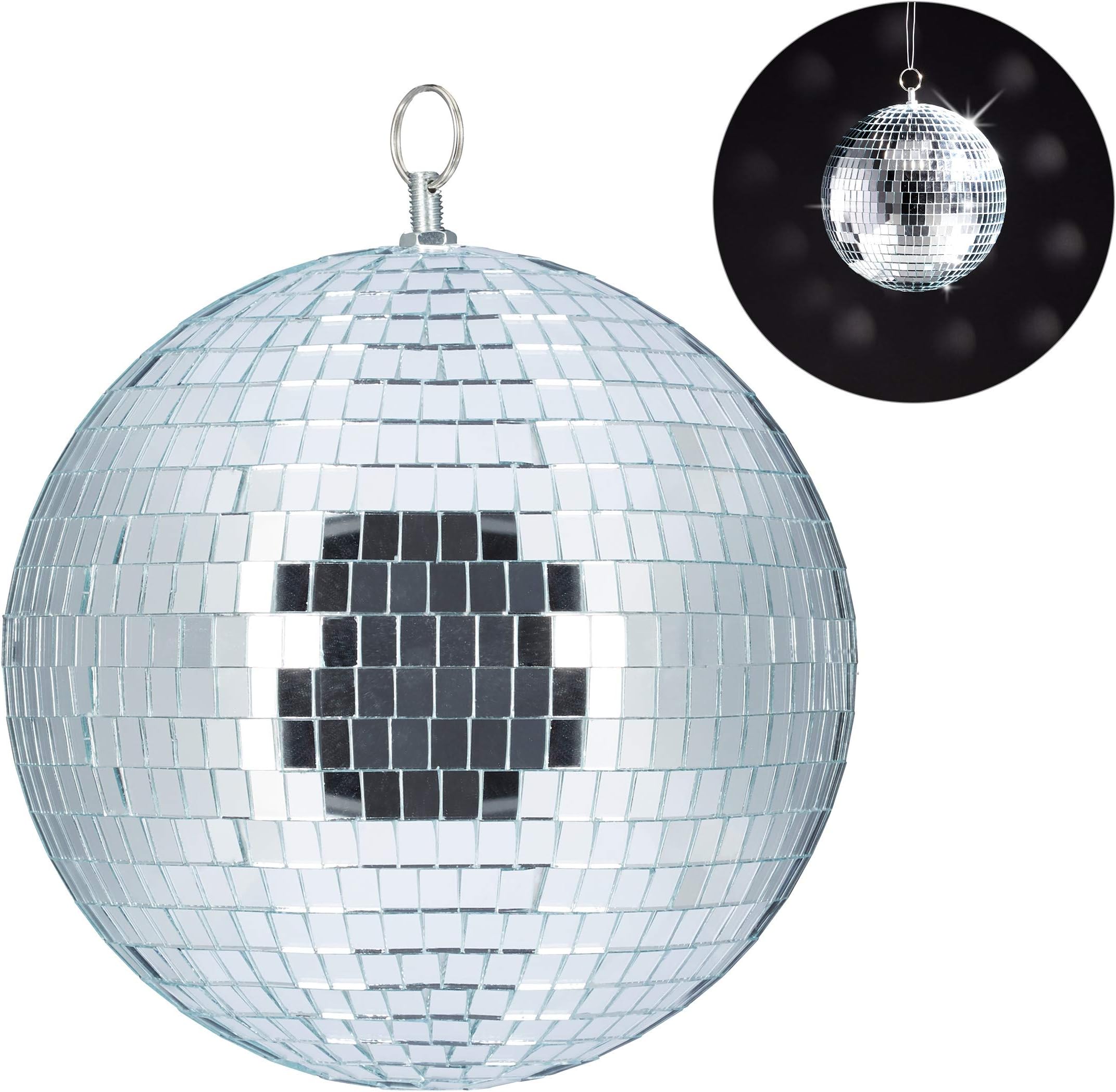 Relaxdays Mirror Ball, Large Ceiling Light, Party Decoration, Disco & New Year’s Eve, Shiny, Reflecting, Ø 20 cm, Silver