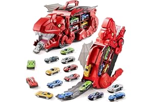 BLMUKCE Dinosaur Toys for 3 4 5 6 Years Old Boys, Carrier Transporter Truck Toys, Foldable Race Track with 10 Die-Cast Cars, Transforms into Dino, Toddler Car Chrimas Birthday Gifts for Kids Age 3-6 (Red)