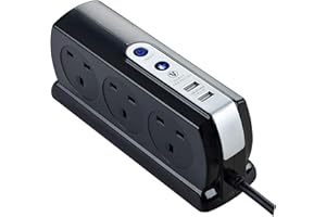 Masterplug SRGDSU62PB-MP Sześć gniazd przełączanych przedłużacz z ochroną przed przepięciem z dwoma portami ładowania USB, 2 metry, czarny połysk, 6,4 cm x 8,7 cm x 20,6 cm