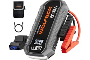 WOLFBOX HJÄLPSTARTARE Powerbank 2000A, 12V bilstartare (upp till 7L bensin/6L diesel) med LED-ficklampa, stor skärm, startkab