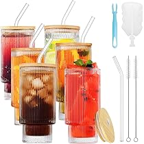 Set 8 Bicchieri Con Cannuccia Relaxdays - Vetro 400 Ml, Colorati, Con Coperchio E Manico
