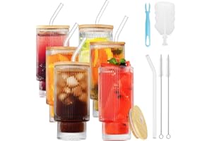 HMJIA Bicchieri Vetro Coste con Cannuccia e Spazzole Bicchieri Acqua Vetro 500 ml/17.6 oz Bicchieri Scanalati da Long Drink per Cocktail Whisky Birra Caffè Soda Succhi (6 Pezzi, 500ml + Coperchio)