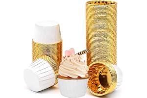 STOUCLA Caissettes à muffins, moules à cupcakes en papier, caissettes de cuisson antiadhésives, caissettes en aluminium pour cupcakes, pâtisseries, anniversaires, mariages, fêtes (blanc et doré, lot de 50)