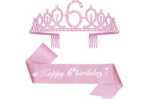 Leixi 6th Birthday Decorations for Girls,Pink Birthday Sash and Crown Tiara Set,Happy 6th Birthday Party Supplies(Pink 6th)