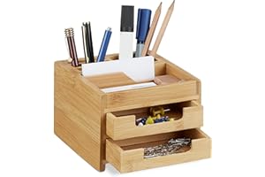 Relaxdays Organizer na biurko bambus, pojemnik na długopisy, drewno, pudełko na biurko, szuflady wys. x szer. x gł.: 9,5 x 12,5 x 15 cm, naturalny