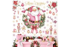 wondever Pink Christmas Santa Claus Wall Stickers Christmas Wreath Xmas Ball Snowflakes Peel and Stick Wall Art Decals for Window Home Party
