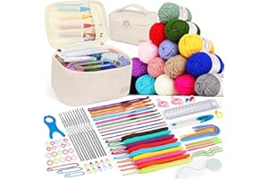 Aeeque Kit Crochet Débutant Complet Adulte 102 Pièces - 12 Aiguilles 0,6-1,9mm, 9 Crochets Ergonomiques, 15 Pelotes de Laine pour Tricot - Sac Beige Inclus