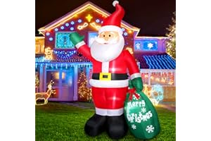 OMDEKOR Nadmuchiwany Święty Mikołaj 240 cm z oświetleniem LED, dekoracja bożonarodzeniowa, Święty Mikołaj z zieloną torebką, IP44, odporna na warunki atmosferyczne, olbrzymia figurka Mikołaja Świętego
