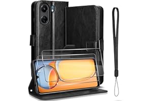 GENERISCH Seltureone Handyhülle für Xiaomi Redmi 13C/Xiaomi Poco C65 + 2 Stück Displayschutzfolie, Premium PU Leder Hülle,Klappbar Flip Stoßfeste, Klapphülle mit Tasche Magnet Kartenfach Standfunktion (Schwarz)