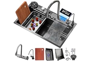 GENERIC Fregadero Cocina 68x45cm, Multifuncional LED Fregadero de Cocina de 1 Cubeta, Negro Fregadero de Acero Inoxidable, con lavadora de vidrio, Kit de Drenaje Filtro, sifón así como otros accesorios