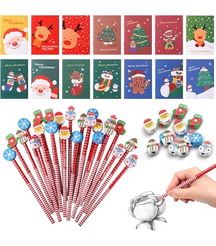 36 Stück Weihnachts-Schreibwaren Set – HB Bleistifte, Notizblöcke & Haftnotizen (bunt, 12 Designs)