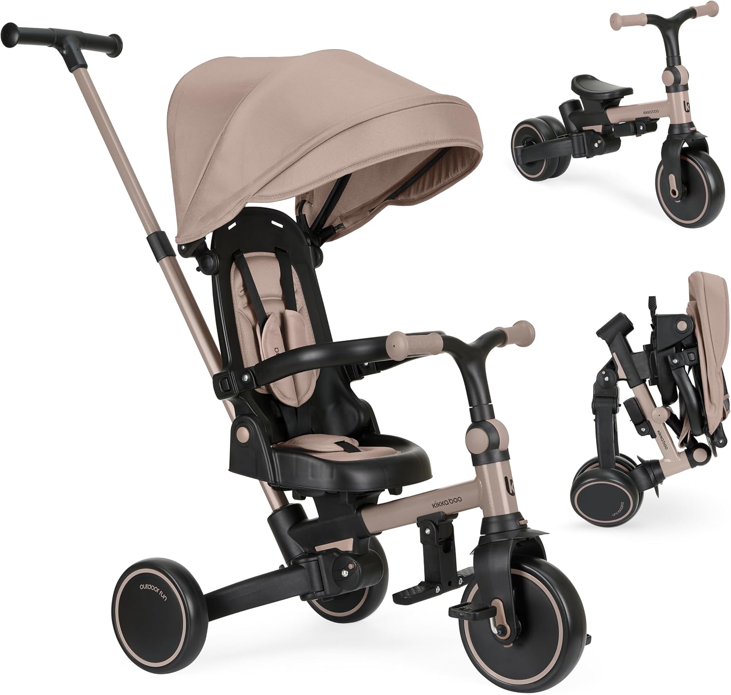 KikkaBoo Triciclo Evolutivo ALUMA 8 en 1, Triciclo Bebé Plegable con Manillar Padres, Asiento Reversible, Capota Ajustable, Arnés 5 Puntos, Marco Aluminio Beige