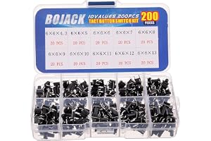 BOJACK 10 värden 200 stycken touch-tryckknappsbrytare 6 x 6 mm sortimentssats för 4-stifts momentana tryckknappsbrytare