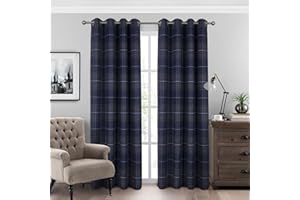always4u 100% Blackout Curtains Check Eyelet Bedroom Tartan Curtain Plaid Brushed Cheque Pair of Highland Woolen Look Window Treatment for Living Room Navy Blue 46 * 54 Inches