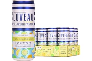 LOVEAU Sparkling Water - Infused with Yuzu, Lemon & Lime- 12 x 330ml Cans- Unsweetened. Zero Calories, NO Sugar or Sweeteners. Made with Real Fruit, 100% Natural