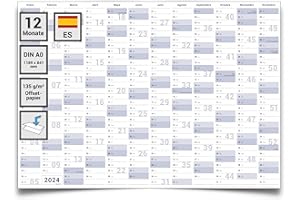 Gigatime ® Din A0 1 x Calendario de Pared XL 2024 Planificador Anual Tamaño: 118,8 x 84,0cm - plegado - Wall Planner, Annual Calendar, Calendar, Poster - Espanol