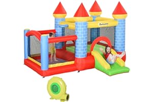 Outsunny Kids Bouncy Castle House Inflatable Trampoline Slide Water Pool Basket 4 in 1 with Blower for Kids Age 3-8 Castle Design 2.8 x 2.6 x 2.1m, Indoor Outdoor