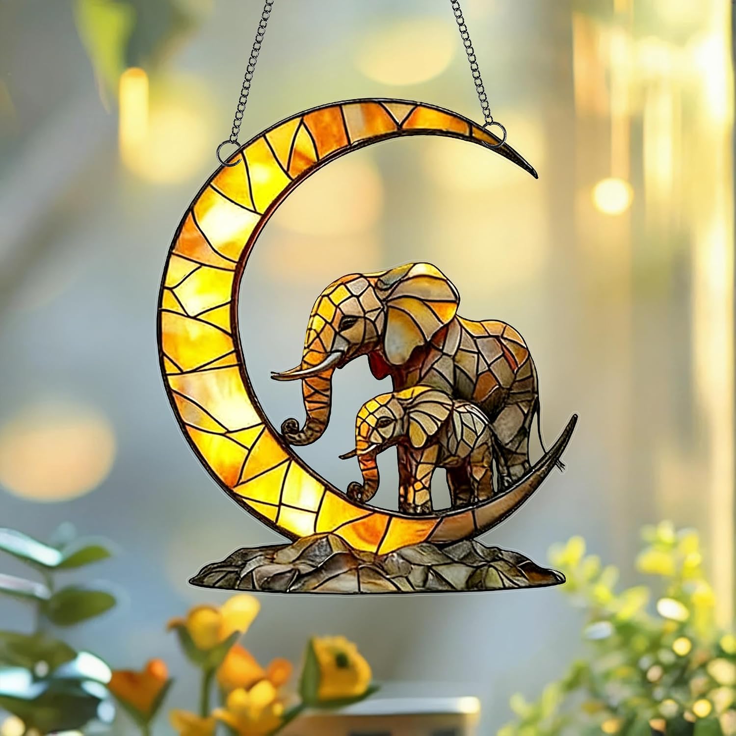 Crescent Moon Mother and Baby Elephant Acrylic Suncatcher with Hanging Chain, Warm Mosaic Window Decor for Home, Patio, Garden,Ideal Present for Family, Housewarming, Baby Shower/YX-42