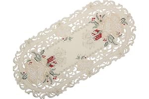 QUINNYSHOP Bezaubernder Weihnachten Tischläufer/Tischdeckchen Creme-Weiß mit Rot Kerzen Glocken Stickerei - Größe wählbar (ca. 35 x 70 cm Oval)