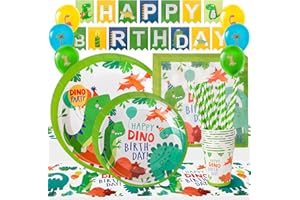 CSYY 114 Pcs Assiette Dinosaure Anniversaire, Ensemble de vaisselle pour 20 invités Assiettes en papier colorées Gobelets en papier Serviettes Pailles Drapeau Pull Nappe Ballon