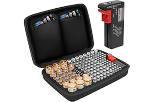 Tanness 140 Battery Case With Tester | Large Capacity Organiser Storage Case Bag for AAA, AA, 9V Flat, C and D Size Batteries (Not Included)