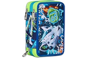 SJ GANG STYLE JAM GANG Astuccio Scuola 3 Zip, Blu, Portapenne Triplo Scomparto Completo Di Penne, Matite, Colori, Accessori Zaino, Scuole Elementari, Bambino