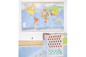 GeoMetro Mapa del mundo (en español), 70x100 cm, póster laminado, con banderas, con listones de madera para colgar + hoja de pegatinas