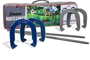 Franklin Sports Hufeisen-Sets – Metall-Hufeisen-Spielsets für Erwachsene + Kinder – Offizielles Gewicht Stahlhufeisen – Strand- und Rasen-Hufeisen-Sets – Sets enthalten (4) Hufeisen und (2) Erdspieße