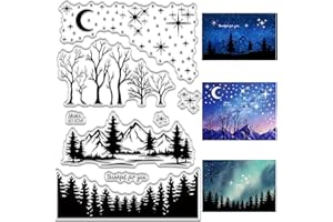 CRASPIRE Sello de Goma Transparente con Paisaje de Montaña Y Bosque, Estrella, Luna, Pino, Sellos de Silicona Transparentes Vintage, Sello Retro para Diario, Fabricación de Tarjetas, Álbumes