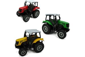 Toyland Pack of 3 - Die Cast Pull Back Tractor - Farm Toys - 1 Yellow, 1 Red, 1 Green Tractor
