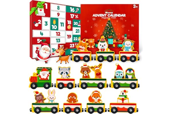 Calendrier de l'Avent 2025 Enfant, Commodum Train Jouet en Bois Enfant, Calendrier de lavent Jouet, Train en Bois, Jeux Montessori, Cadeaux de Noël