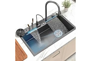 GXSDYYDS Fregadero negro de acero inoxidable con grifo, extensible, 80 x 45 cm, fregadero de cocina, fregadero empotrable con cascada, de acero inoxidable, 1 lavabo con muchos accesorios