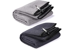 Yizerel 2 Pack 16" x 24" Tri-fold Golf Towel Set, Microfiber Fabric Waffle Pattern Towels, Heavy Duty Carabiner Clip (2 Pcs, 2 Colors)
