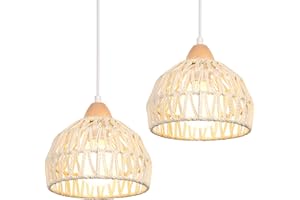 iDEGU Lot de 2 Lustres Suspensions Rétro Suspension Luminaire Vintage Style Demi-Cercle Plafonnier E27 en Bois et Rotin Lampe Suspension pour Chambre Salle à Manger Cuisine Café Bar, Ø 20CM (Blanc)