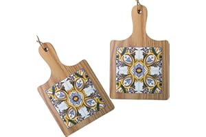 ChicHouse Set 2pcs mini taglieri da cucina in legno con manico ideali per piccoli antipasti, formaggi, salumi o come salva superfici e sottopentola. (2, Verde e Giallo, Quadrato 19.6 x 12.3 x 1 cm)