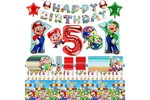 DEREINE Super Mario Geburtstagsdeko Partygeschirr Set,94pcs Pappteller Kindergeburtstag,Deko 5. Geburtstag für Jungen Mädchen,Luftballon Geburtstag Party set mit Teller,Serviette,Tischdecke,Banner,Tortendeko