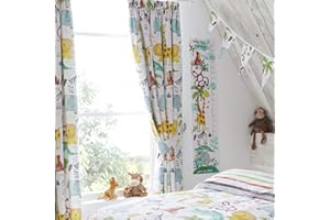 Happy Linen Company Kids Boys Girls Jungle Safari Animals Lion King Teal 66" x 54" Pencil Pleat Curtain Set