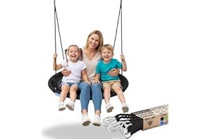 SereneLife Tree Swing Seat, Large Round Saucer Kids Swings, Adults and Kids Nest Swing, Durable Frame, 318kg Capacity, Indoor Outdoor Hanging Rope Swinging Seat for Backyard, Garden and More – Black