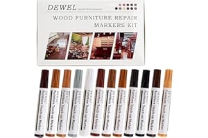DEWEL Kit de réparation de bois, 12 Couleurs - Feutre retouche bois pour restauration de meubles - Stylo Réparation rayures/taches/décoloration du bois
